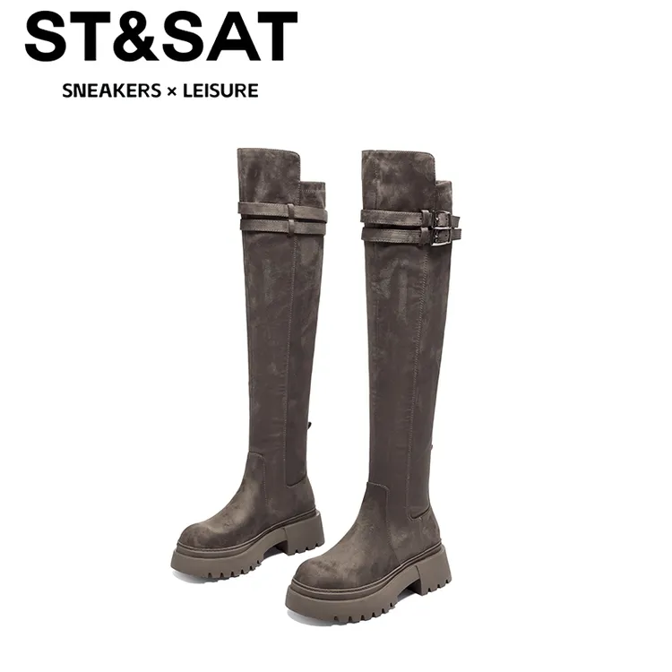 星期六御寒过膝长靴女2025冬季新款粗腿大筒围骑士靴厚底长筒靴女