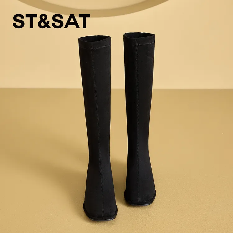 星期六过膝长筒靴女2025冬季新款增高小个子绒面显瘦高筒复古长靴