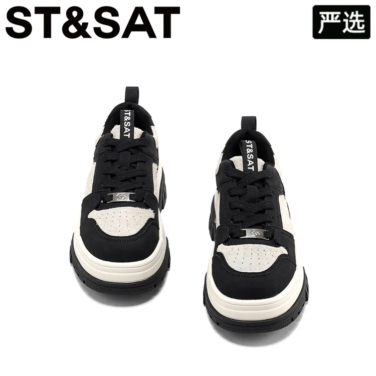 星期六拼色厚底板鞋女款2025冬季新款磨砂皮时尚休闲增高运动鞋女