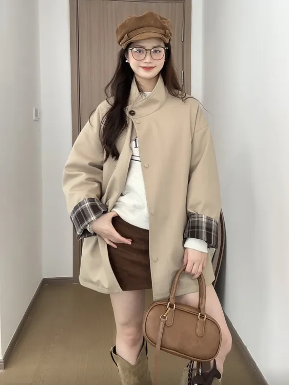 圆脸小雯/撞色中长款风衣女外套2024新款廓形显瘦宽松英伦风大衣