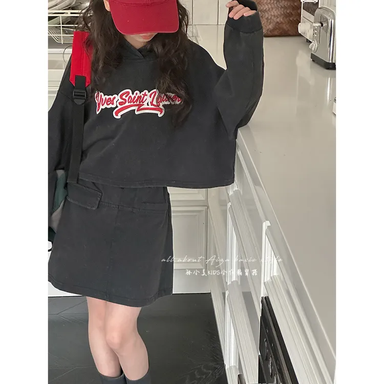 K25838磨白水洗女童卫衣套装裙春秋装新款2025大童儿童潮款两件套