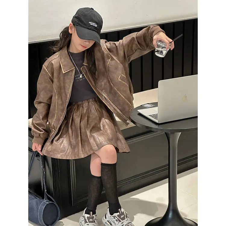 K27070孙小美KIDS复古女童两件套装2025春秋装新款皮衣裙子衣服潮