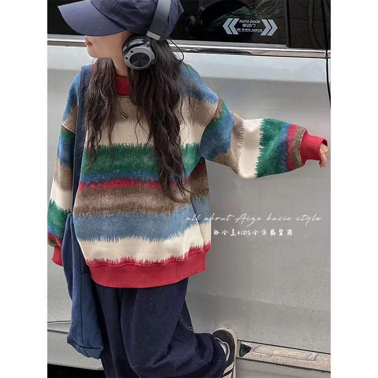 k24972韩国童装彩条女童冬装加绒卫衣秋冬款衣服儿童加厚上衣潮款