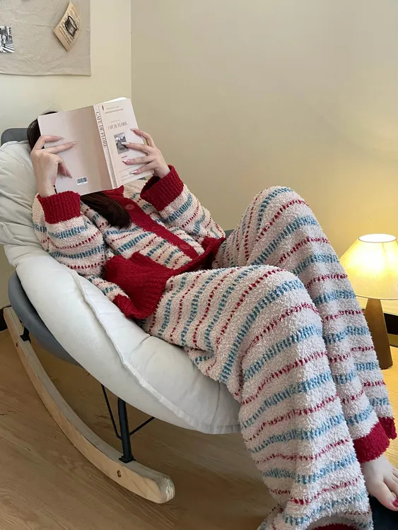 【复古条纹】红色半边绒睡衣女冬季加厚针织衫毛衣休闲家居服套装