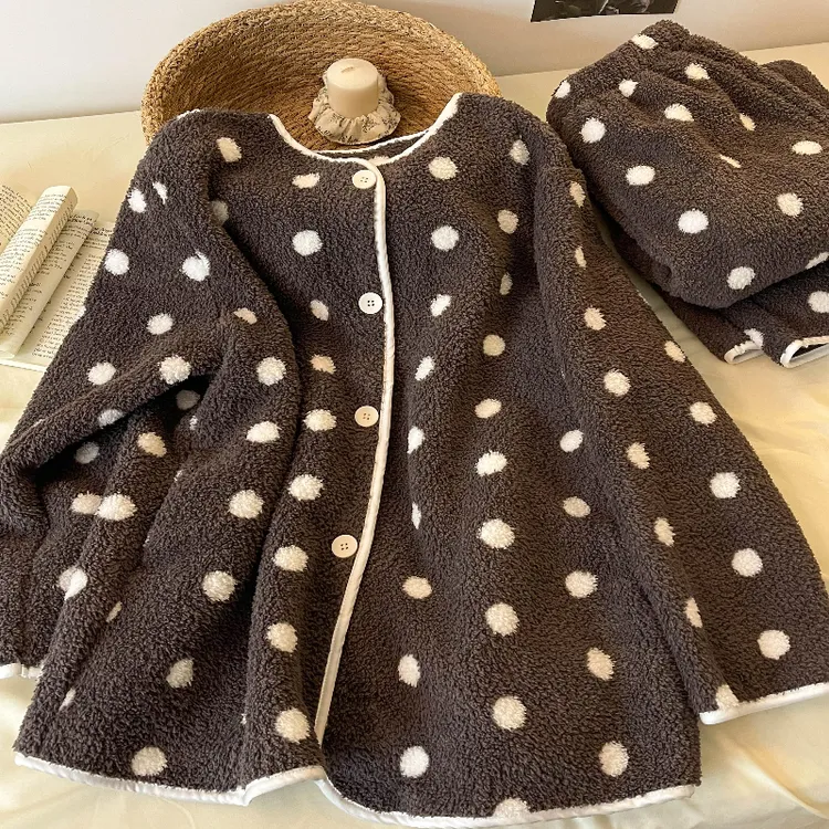 【毛绒波点】珊瑚绒韩版少女波点睡衣女套装秋冬季新款保暖家居服女