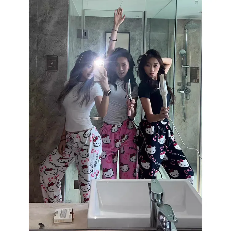 【甜美kitty】可爱法兰绒睡裤女秋冬加绒加厚高腰遛弯外穿家居裤