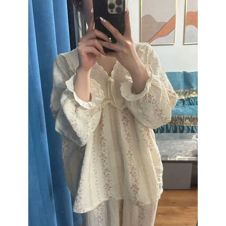 【宫廷风花边】花边长袖纯棉睡衣女秋季新款薄款长裤家居服套装