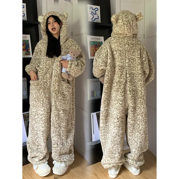 【可爱小奶豹】连帽豹纹睡袍珊瑚绒连体睡衣女冬款加厚毛绒家居服女