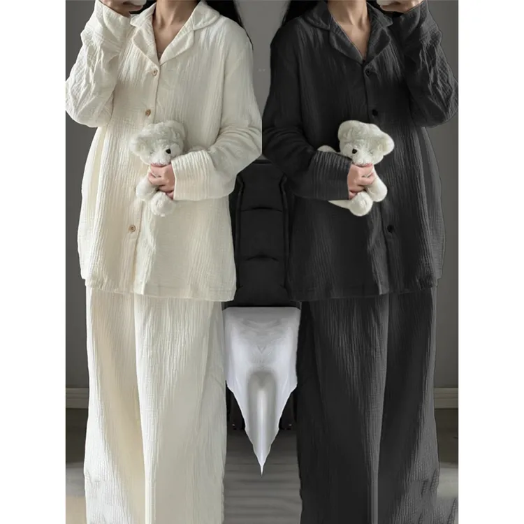 ins韩版纯色简约高级棉纱睡衣套装女夏季新款长袖长裤大码家居服