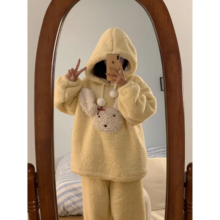 【软糯白兔】卡通可爱珊瑚绒连帽睡衣女冬新款加厚毛绒家居服套装