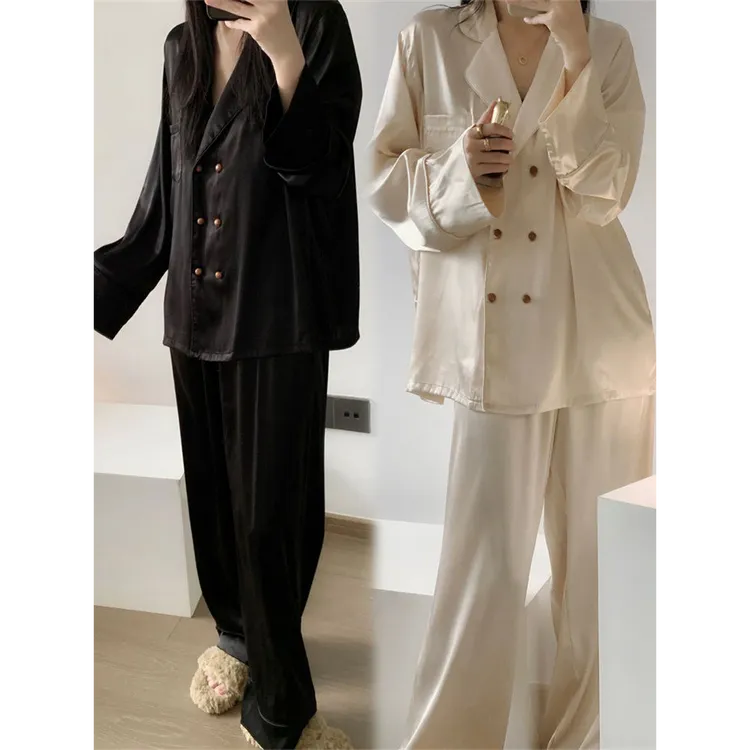 纯色高级缎面凉感冰丝睡衣女套装春秋季2024新款大码双排扣家居服