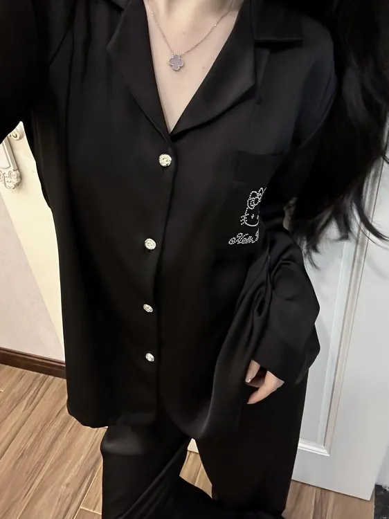 【暗黑凯蒂猫】烫钻黑色冰丝睡衣女套装春秋季新款设计感凉感家居服