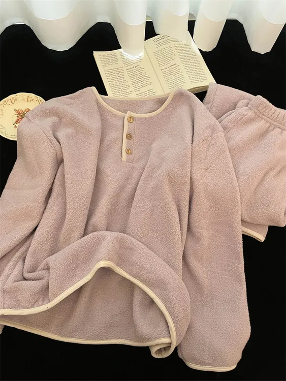 【香芋紫睡衣】少女甜美珊瑚绒睡衣女冬季加厚加绒保暖家居服套装