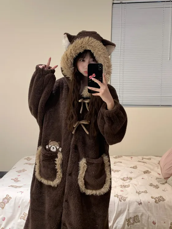 【小浣熊】连帽珊瑚绒睡衣毛绒加厚外穿2024新款宽松秋冬季家居睡袍