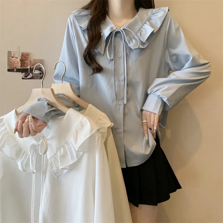 2025春季新款女装大码胖mm气质荷叶边娃娃蝴蝶结翻领长袖衬衫百搭