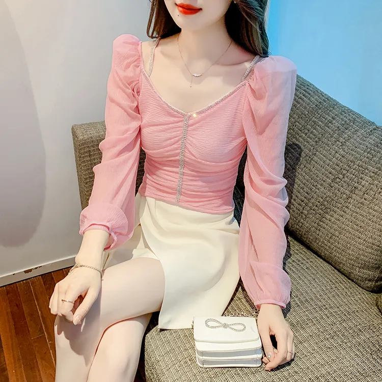 设计感烫钻吊带一字领雪纺衫女秋装新款法式纯欲风气质长袖上衣服