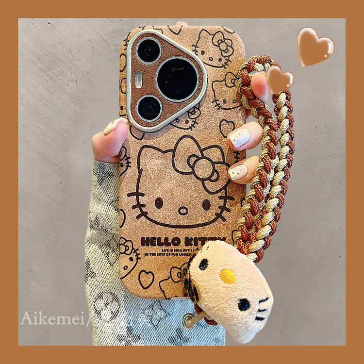 适用华为pura70pro+手机壳皮质p60pro可爱卡通p50pro线条kt猫手绳