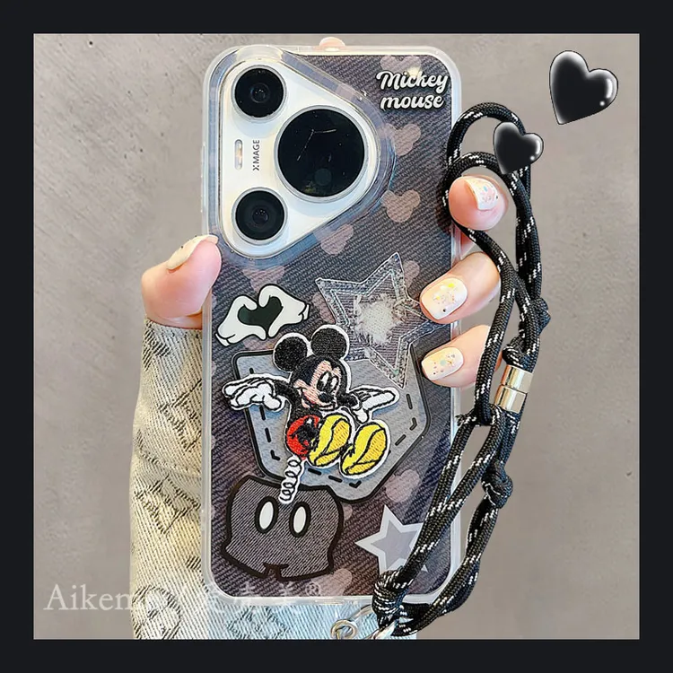 适用华为pura70pro+手机壳可爱卡通mate60pro+牛仔纹刺绣米奇米妮