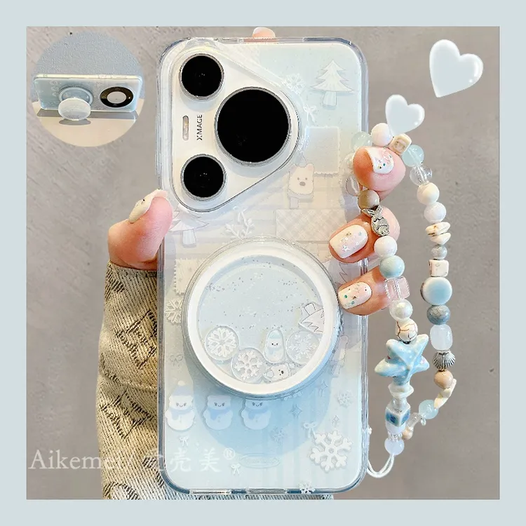 适用华为pura70pro+手机壳蓝色雪人mate60pro+小狗摇摇乐磁吸支架