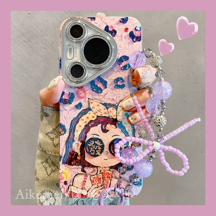 适用华为pura70pro+手机壳蓝光闪钻mate60pro+發财富婆带镜头膜女