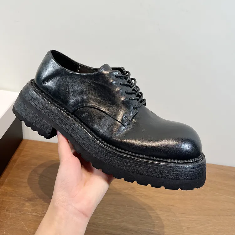 固特异马皮水洗德比鞋!厚底大头鞋男士黑色圆头增高系带小皮鞋