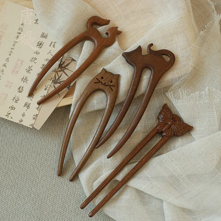 猫钗新中式金丝檀木u型发簪可爱猫咪发钗簪子女古风旗袍汉服头饰