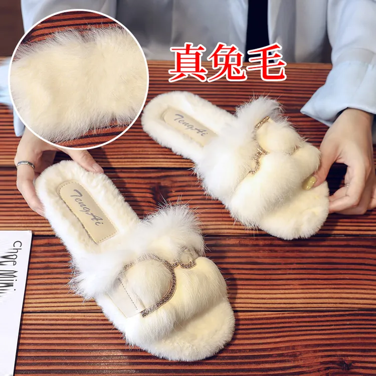 真兔毛毛拖鞋女外穿2025年春秋新款网红仙女家居平底棉拖鞋ins潮