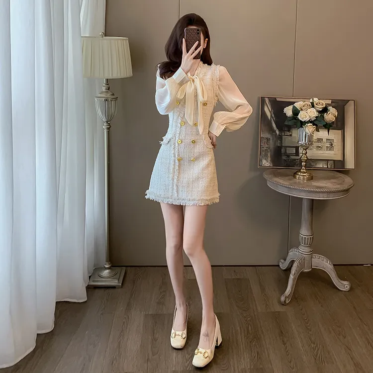 秋装高端精致裙子女背心裙小个子法式气质富家千金小香风两件套