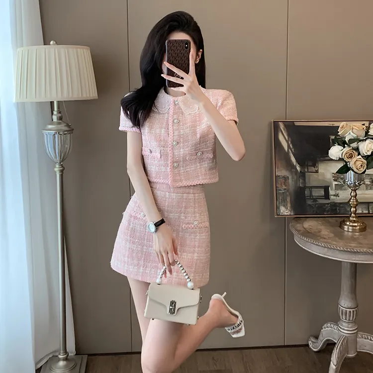 夏季炸街减龄时尚chic甜辣裙小香风套装女小个子短裙两件套高级感