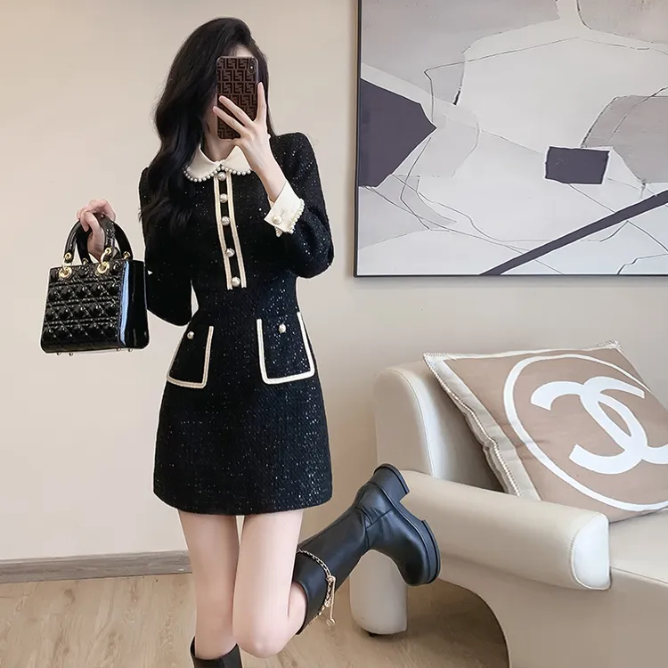秋季气质女神范名媛裙子小黑裙轻熟风长袖小香风连衣裙高级感秋冬