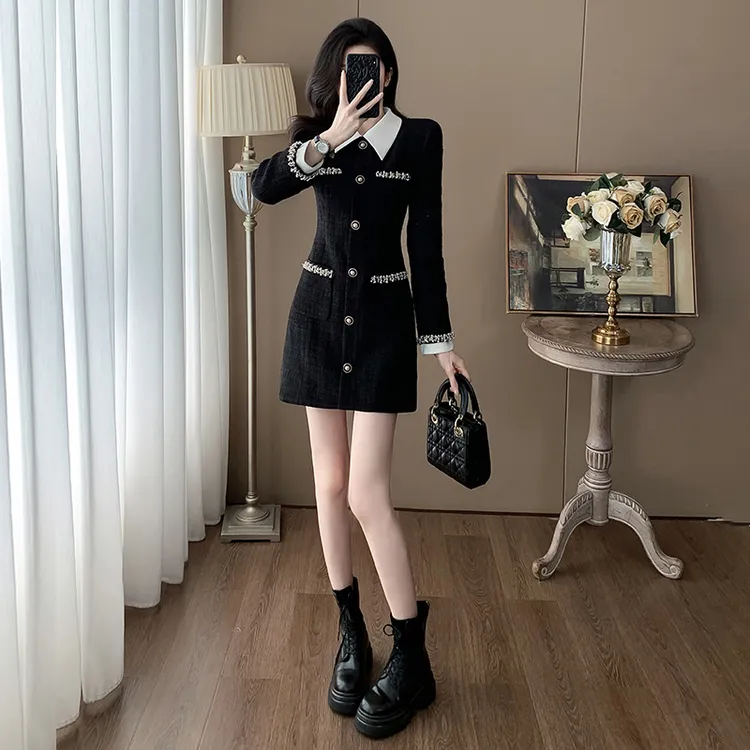 秋季时尚气质赫本风小黑裙小个子富家千金小香风连衣裙女高级感