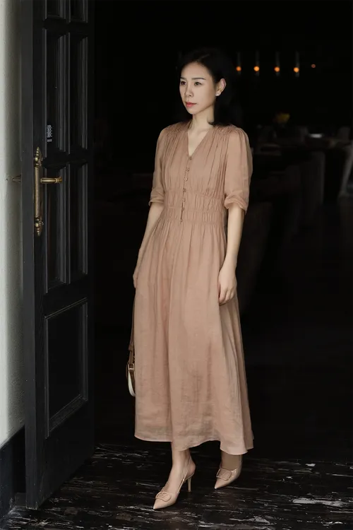 【杜小小】“法式优雅”时尚气质苎麻打揽设计腰显瘦百搭女装连衣裙35