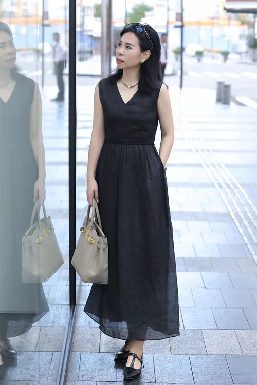 【杜小小】法式时尚V领苎麻收腰优雅显瘦气质纯色长款连衣裙996