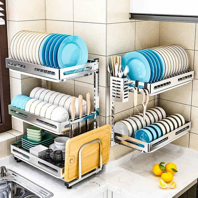 佳馨304不锈钢沥水碗碟架厨房置物架壁挂式免打孔晾放碗盘收纳架