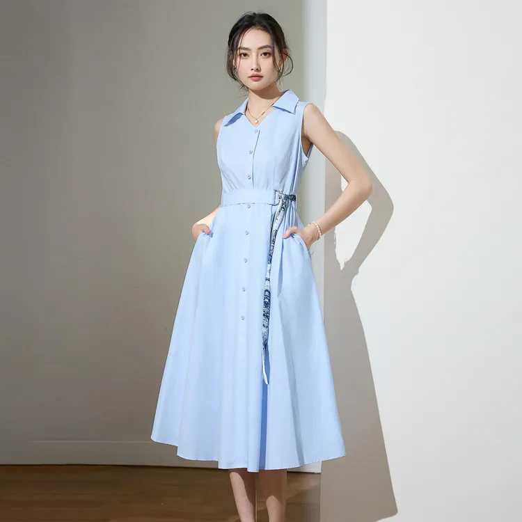 诗萌气质优雅衬衫领连衣裙2025夏季新款本布腰带单排扣无袖a字裙