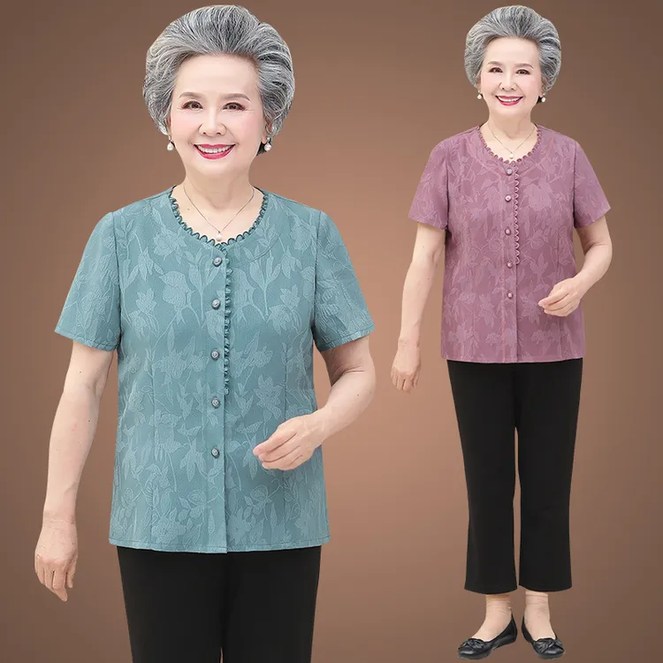 中老年女装奶奶夏装短袖70岁妈妈装冰丝衬衫外婆装太太老人衣服