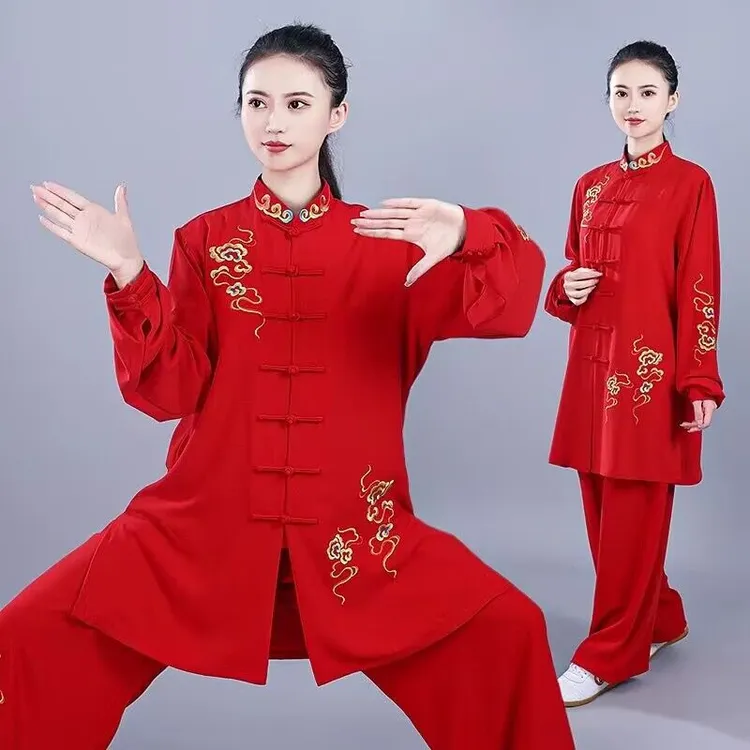 太极服女春秋新款刺绣表演晨练男武术气功八段锦太极拳练功中长款