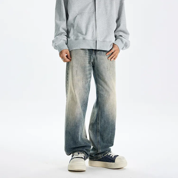 秋季美式水洗复古渐变阔腿牛仔裤男宽松直筒垂感休闲cleanfit长裤