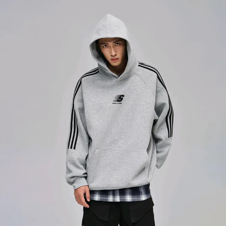 美式600g重磅侧边条纹连帽卫衣男秋冬季新款宽松慵懒风插肩袖上衣