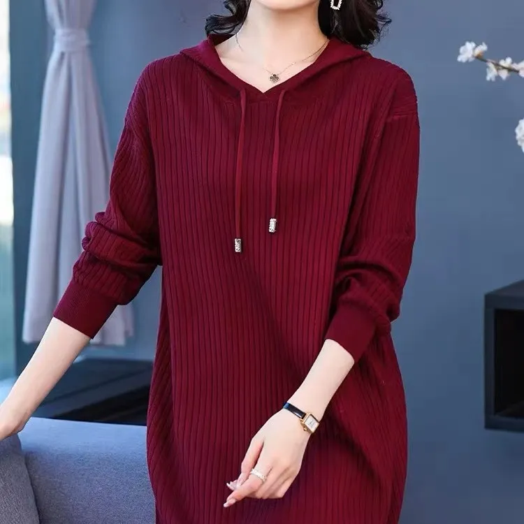 【秋米奴】秋冬新款针织大码竖坑条连帽宽松连衣裙时尚舒适大码女装