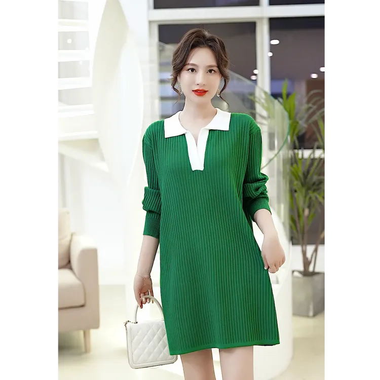 秋冬新款针织大码宽松POLO领中长款连衣裙洋气微胖穿搭柔软舒适