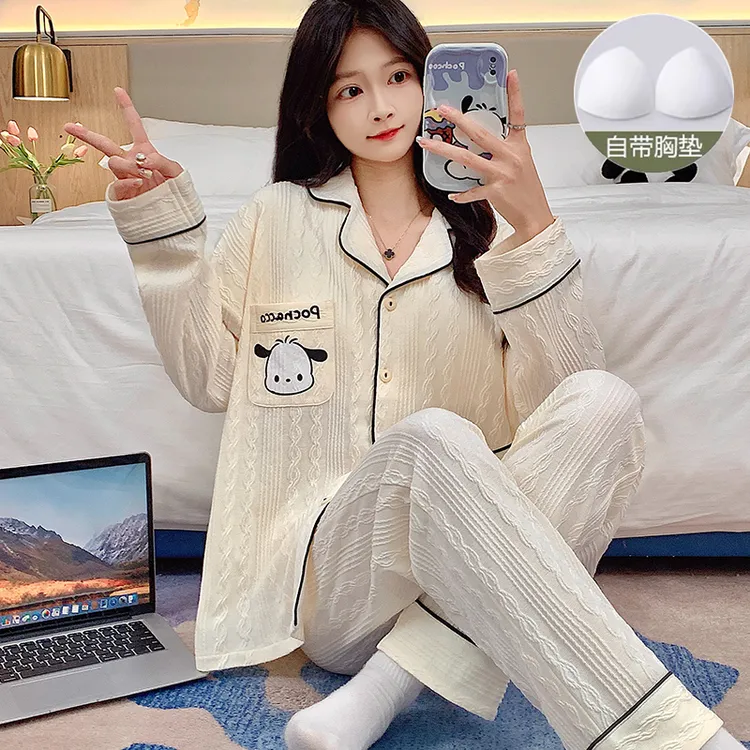 带胸垫睡衣女士春秋季长袖卡通2025年新款冬天宽松开衫家居服套装