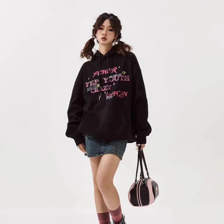 oversize超火黑白色加绒卫衣女2024新款爆款宽松长袖上衣女