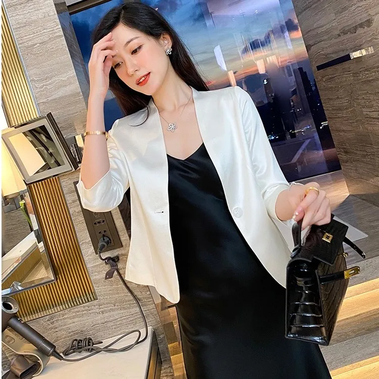 【双双家】高级感短款气质女神范醋酸搭配吊带裙的小西装外套女白色