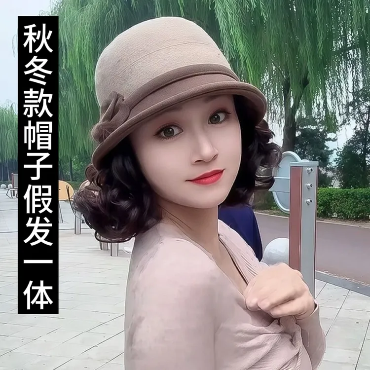 时尚假发帽子一体秋冬新款妈妈帽保暖加厚短卷发蓬松自然仿真发