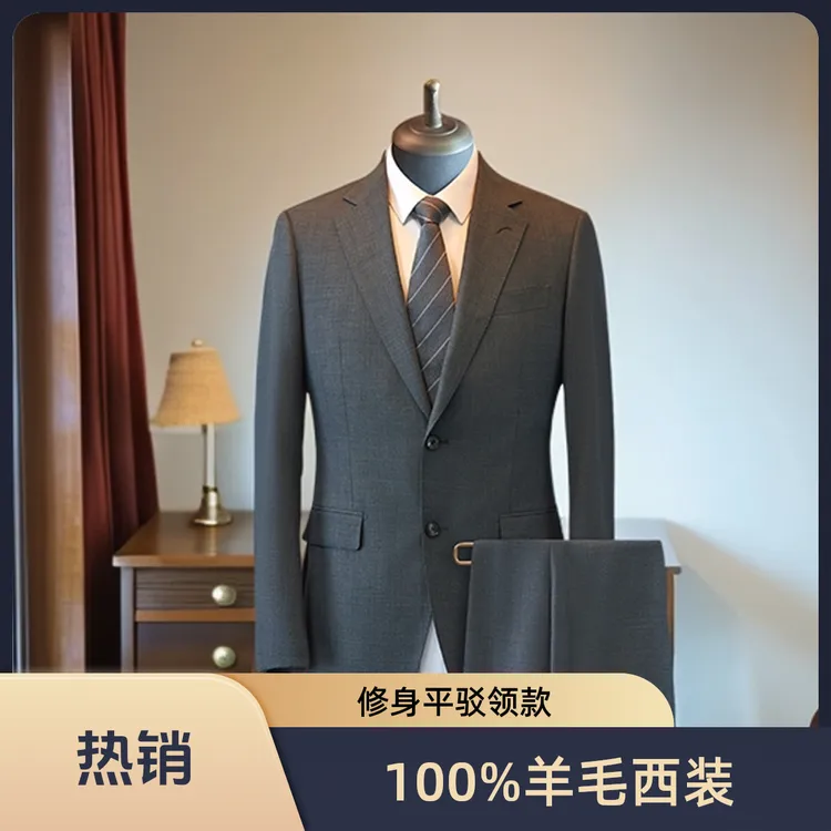 秋季西装高级灰100%羊毛男士商务婚庆工作结婚平驳领双开叉修身