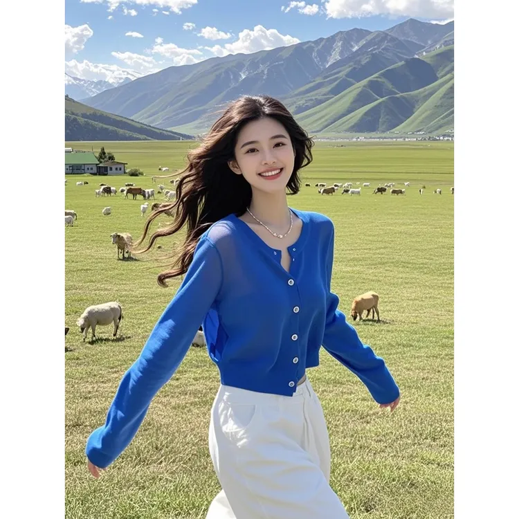 韩系氛围感穿搭克莱因蓝毛衣针织开衫外套女早秋新款法式短款上衣