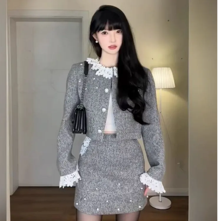 法式千金风短外套女2024新款春季高级感蕾丝时尚两件套套装重工