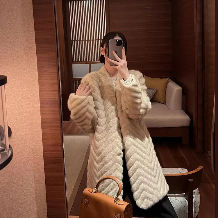 人造皮草 气质中长款加厚人造仿皮草高级感毛毛皮草一体外套冬季