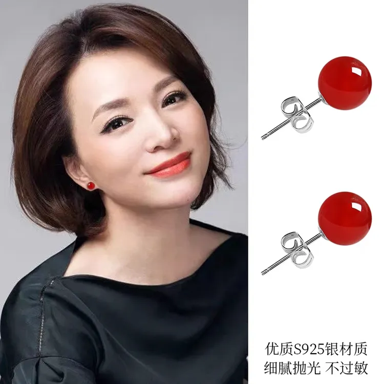 合金耳饰 925纯银绿色耳钉红色时尚防过敏女火爆款网红款高档耳环